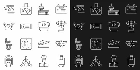 Set line Suitcase, Aviation emblem, Router and wi-fi signal, Airport control tower, Airline ticket, Drone flying, Helicopter and Pilot hat icon. Vector