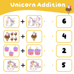 Math worksheet with unicorn theme. Learning how to counting for preschool children. Educational printable sheet. Vector illustration. 