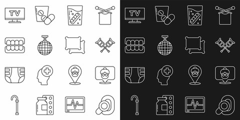 Set line Hearing aid, Nursing home, Crutch or crutches, False jaw glass, Disco ball, Smart Tv and Pillow icon. Vector