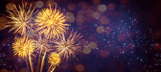 Fototapeta premium Fireworks pyrotechnics celebration party event festival holiday or New Year background panorama - Colorful firework on dark night sky....