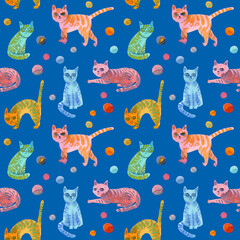 Seamless pattern of bright colorful cats painted in watercolor in sketch style on a blue background. For fabric, sketchbook, wallpaper, wrapping paper.