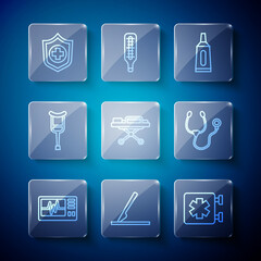 Set line Monitor with cardiogram, Medical surgery scalpel, symbol of the Emergency, Ointment cream tube medicine, Stretcher, Crutch crutches, Life insurance hand and Stethoscope icon. Vector