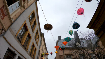 Luxembourg, December 5, 2021: Colourful lanterns over the Rue du St Esprit street in Luxembourg...