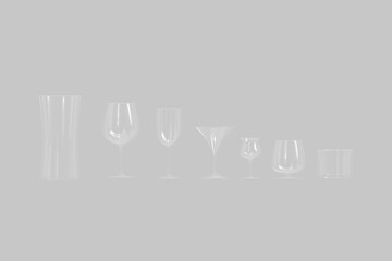 Various shapes of clear glass 3d render, isolated on beige color background , illustration 3D Rendering