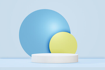 Podium minimal and blue circle backdrop  abstract background , 3D stage podium display product , stand to showcase products, isolated on blue background , illustration 3D Rendering