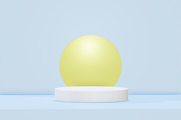 Podium minimal and yellow circle backdrop abstract background , 3D stage podium display product , stand to showcase products, isolated on blue background , illustration 3D Rendering