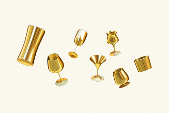 Golden glasses in various shapes 3d render, isolated on beige color background , illustration 3D Rendering