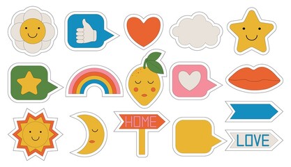 Cool Trendy Retro Stickers Collection. Set of Funny Characte. Pop Art Elements