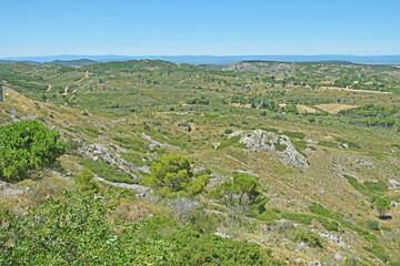 Fototapeta na wymiar Vue depuis la colline des Hauts de Narbonne : la garrigue des Corbières.