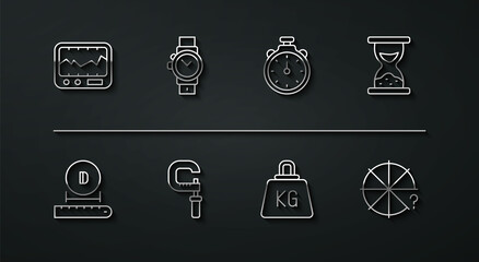 Set line Measuring instrument, Diameter, Old hourglass with sand, Weight, Micrometer, Wrist watch, Circle of pieces and Stopwatch icon. Vector