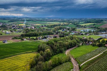 Drone photo of rural area in Miedzyrzecze Gorne, small village in Bielsko County, Poland