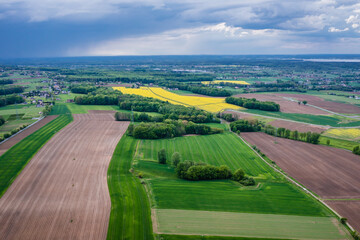 Fields in Miedzyrzecze Gorne, small village in Bielsko County, drone photo, Poland