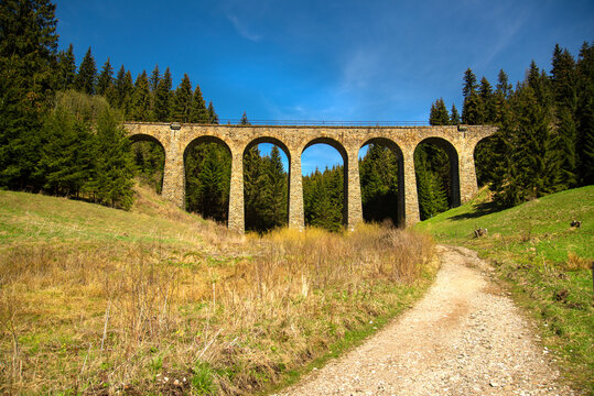 Telgart viadukt. Railway stone bridge in the nature. Slovakia, Europe. 