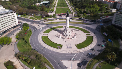 Lisbon, Portugal, April 24, 2022: view of the Marquis of Pombal Square (Praca do Marques de Pombal). The bronze statue of Sebastiao Jose de Carvalho e Melo, better known as the Marquês of Pombal