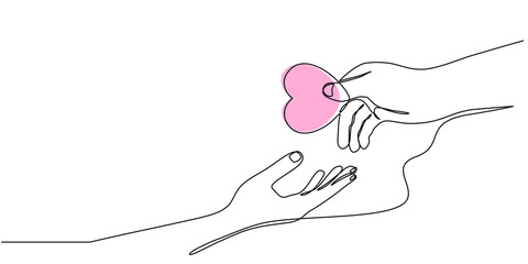 Continuous line drawing of hands giving hearts and receiving cute and sweet heart gifts. For Valentine's Day greeting cards, birthday, love greetings for couples. Hand holding heart in doodle style.