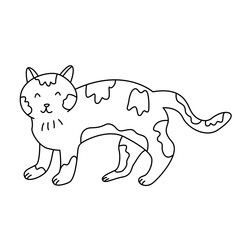Happy cat  in doodle style. Hand drawn vector illustration. Isolated black outline.
