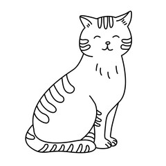 Sitting cute  cat  in doodle style.  Hand drawn vector illustration. Isolated black outline.