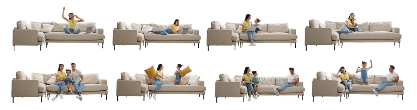Collage with photos of people sitting on stylish sofas against white background. Banner design