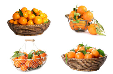 Set with tasty ripe tangerines on white background