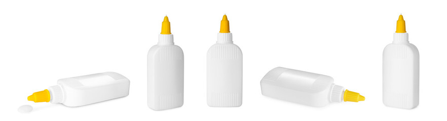 Set with bottles of glue on white background. Banner design