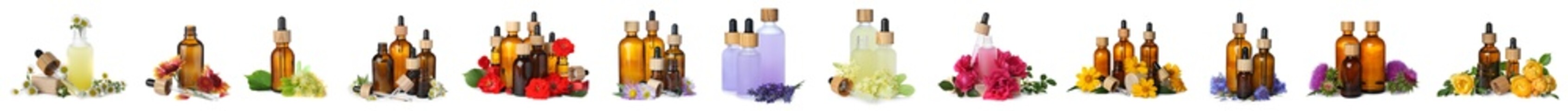 Set with different natural essential oils and flowers on white background. Banner design