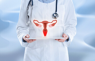 Doctor demonstrating virtual image of infected female reproductive system on light background,...