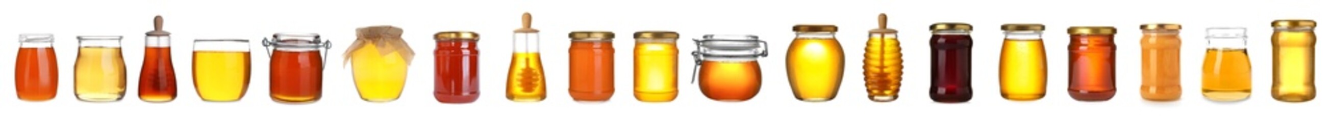 Set with tasty natural honey on white background. Banner design