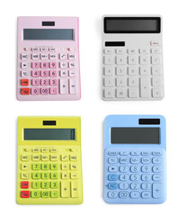 Set with different calculators on white background, top view