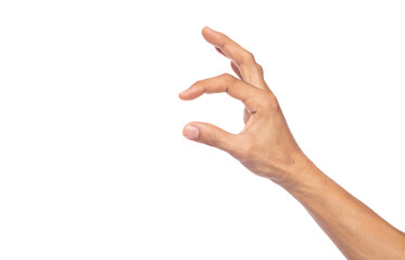Close up man hand picking something isolated on a white background with clipping path