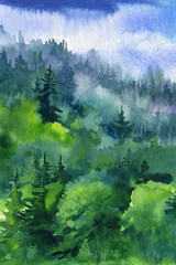 Watercolor landscape background. hand drawn illustration, green forest