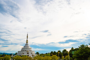 White Pagoda, Wat Saeng Tham, Khao Khiao Palace, clear sky in a sunny afternoon, cloudscape background, spring, low angle view
