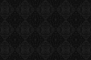 Embossed black background, vintage cover design. Geometric exotic 3D pattern. Tribal ethnic decorative ornaments of East, Asia, India, Mexico, Aztecs, Peru.