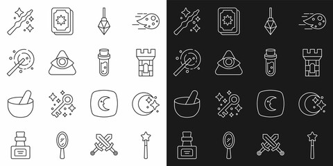 Set line Magic wand, Moon stars, Castle tower, stone, All-seeing eye of God, and Bottle with potion icon. Vector