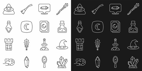 Set line Magic stone, Witch hat, Bottle with potion, Moon and stars, All-seeing eye of God and Tarot cards icon. Vector