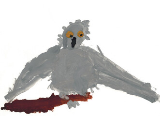 Gray owl. Kids drawing illustretion on white background., Owl on a branch, Cute owl in hand-drawn style, Meaningless Drawing,