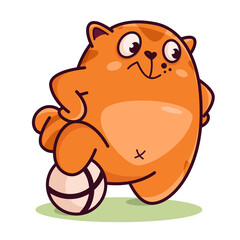 Cute red cat with a soccer ball. Demonstrates emotions, sport, healthy lifestyle, game. Cat character hand drawn style, sticker, emoji - 515215314