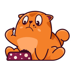Cute red cat looks into a bowl of food. Shows emotions, where is the food, what is it, where is the meat. Cat character hand drawn style, sticker, emoji - 515215316