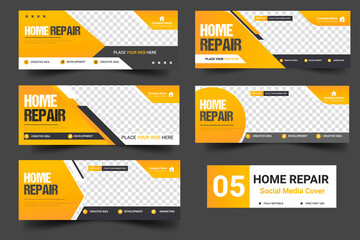 Construction and house renovation services social media post and web banner design template bundle
