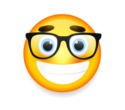 High quality emoticon on white background. Yellow face with spectacles on white background. Cute smiling emoticon wearing eyeglasses, emoji, smiley vector illustration.
