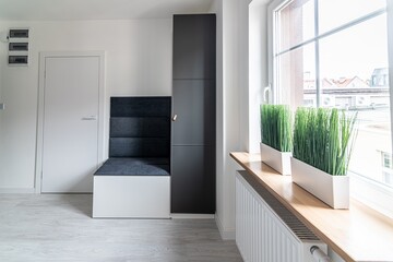 Hallway in a modern apartment with white walls and a wardrobe