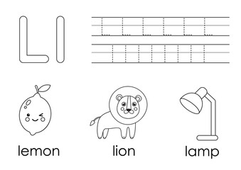 Learning English alphabet for kids. Letter L. Coloring book.