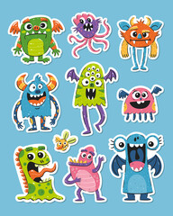 Monsters Sticker Collection. Funny hand-drawn cute monster clipart. Vector illustration. Isolated elements.