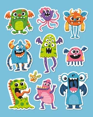 Verduisterende gordijnen Monster Monsters sticker collectie. Grappige handgetekende schattige monster clipart. Vector illustratie. Geïsoleerde elementen.