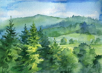 Mountains landscape. Watercolor illustration, nature background
