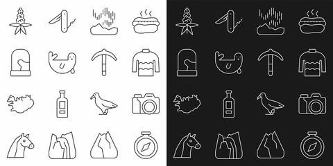 Set line Compass, Photo camera, Sweater, Northern lights, Fur seal animal, Christmas mittens, Lupine flower and Pickaxe icon. Vector