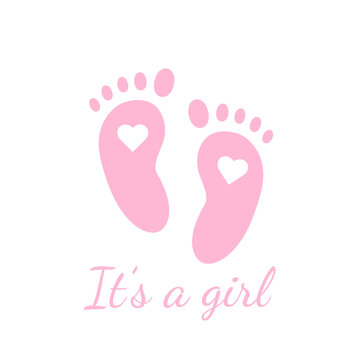 Pink Baby Shower Invite Greeting card. It's a girl. Baby foot footprint over pink color background