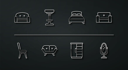 Set line Armchair, Chair, Wardrobe, Sofa, Mirror and Big bed icon. Vector