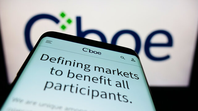 Stuttgart, Germany - 01-30-2022: Mobile phone with website of US financial company Cboe Global Markets Inc. on screen in front of logo. Focus on top-left of phone display.