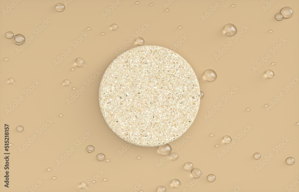 Poster natural beauty podium backdrop for product display with water drops surface. 3d rendering. top view.