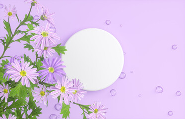 Natural beauty podium backdrop for product display with water drops surface and flower. 3d rendering. top view.